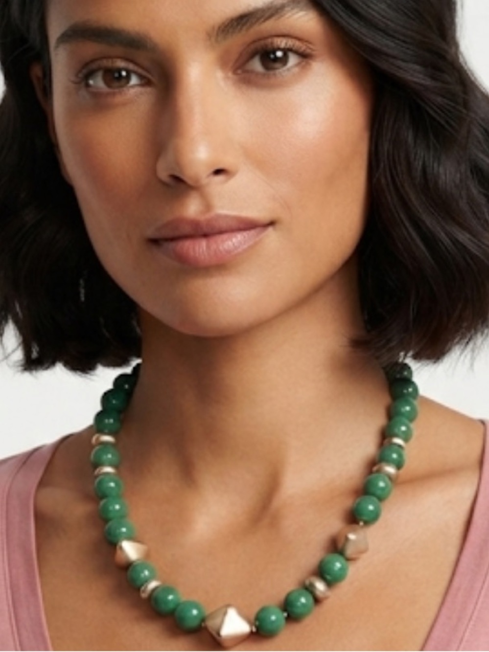 Green Beaded Necklace with Gold Accents - Women Jewelry